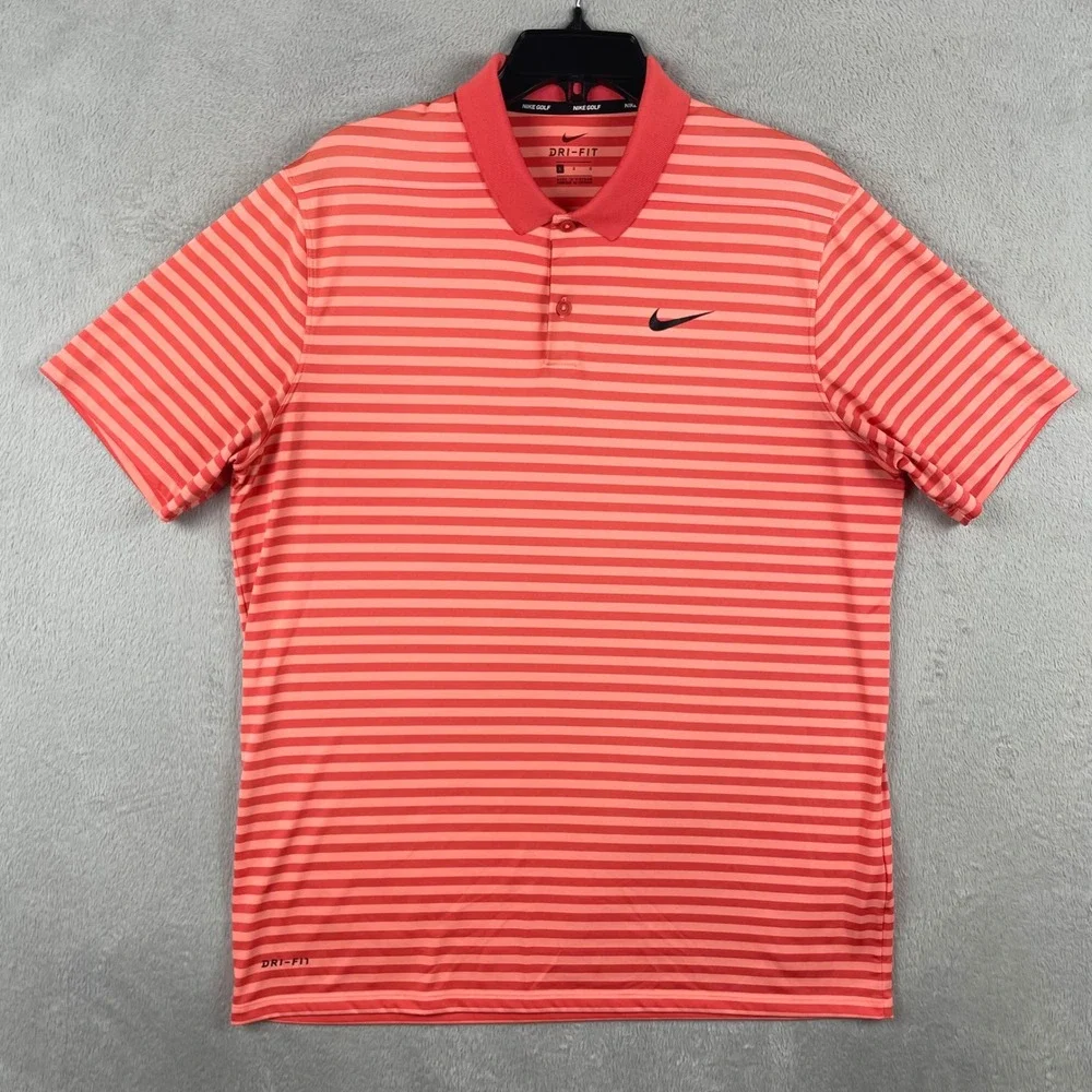 Nike Dri-Fit Polo Shirt Mens Large Orange Striped Preppy Golf Wicking Stretch